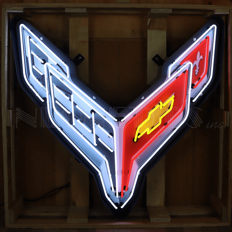 Large authentic glass neon sign for Chevrolet Corvette housed in a heavy-duty black industrial steel can.