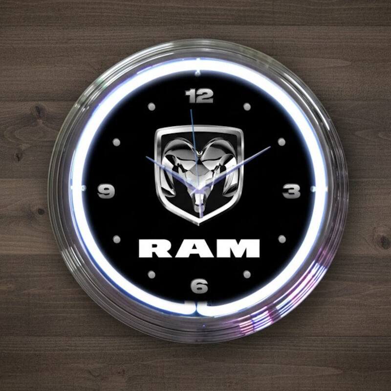 Precision neon wall clock featuring a high-gloss automotive logo face and vibrant hand-blown neon tubing.