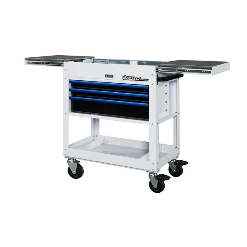 2BoxoUSA Pro Series 35" 3-Drawer Slide-Top Service Cart Tool Box White Box Blue Handle open and from the front