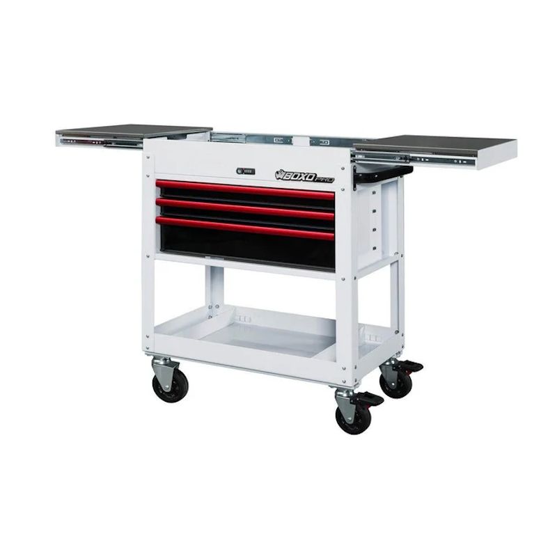 2BoxoUSA Pro Series 35" 3-Drawer Slide-Top Service Cart Tool Box White Box Red Handle open and from the front
