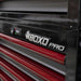 6BoxoUSA Pro Series 26" 11-Drawer Rolling Tool Box Black Box Red Handle Logo close up of logo