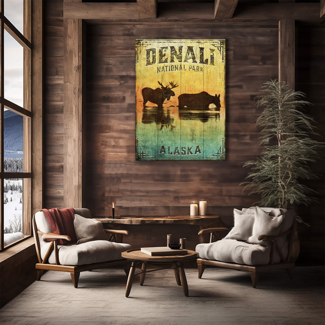 Alaskan Twilight: Moose in Denali - Wood & Metal Wall Art in a room