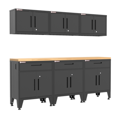 Armadillo Tough 7-piece black heavy-duty garage storage system with adjustable levelers, lockable steel doors, and full-extension soft-close drawers.
