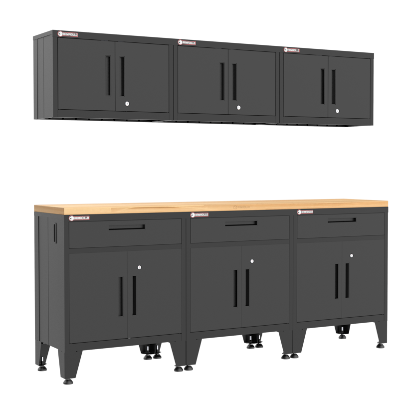 Armadillo Tough 7-piece black heavy-duty garage storage system with adjustable levelers, lockable steel doors, and full-extension soft-close drawers.
