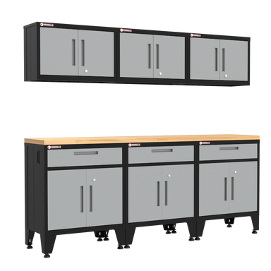 Armadillo Tough 7-piece grey industrial steel garage cabinets with a professional powder-coat finish and 84-inch hardwood workbench for tool organization.