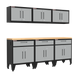 Armadillo Tough 7-piece grey industrial steel garage cabinets with a professional powder-coat finish and 84-inch hardwood workbench for tool organization.