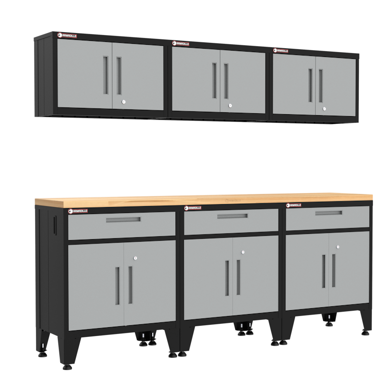 Armadillo Tough 7-piece grey industrial steel garage cabinets with a professional powder-coat finish and 84-inch hardwood workbench for tool organization.