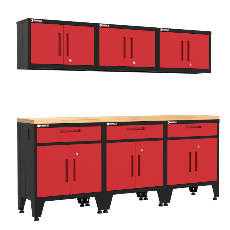 Armadillo Tough 7-piece red steel garage storage cabinets featuring three wall cabinets and three base units with a 1.5-inch solid hardwood workbench top.