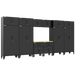 Armadillo Tough 13-Piece Preconfigured Garage Cabinet Set with Wheels, Gear Lockers & Workbench black from the front showing the large heavy-duty lockers and workbench