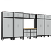 Armadillo Tough 13-Piece Preconfigured Garage Cabinet Set with Wheels, Gear Lockers & Workbench grey from the front showing off the wooden tabletop workbench and extensive storage in this garage set