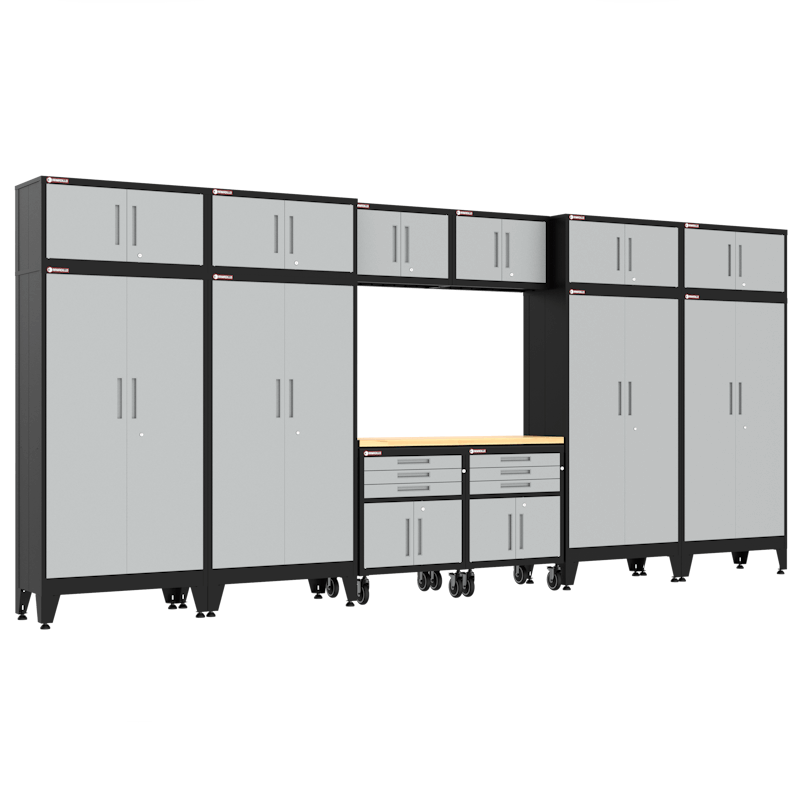 Armadillo Tough 13-Piece Preconfigured Garage Cabinet Set with Wheels, Gear Lockers & Workbench grey from the front showing off the wooden tabletop workbench and extensive storage in this garage set