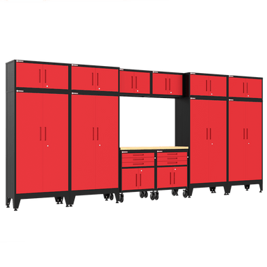 Armadillo Tough 13-Piece Preconfigured Garage Cabinet Set with Wheels, Gear Lockers & Workbench red from the front showing the extensive storage and workbench of this garage set