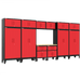 Armadillo Tough 13-Piece Preconfigured Garage Cabinet Set with Wheels, Gear Lockers & Workbench red from the front showing the extensive storage and workbench of this garage set