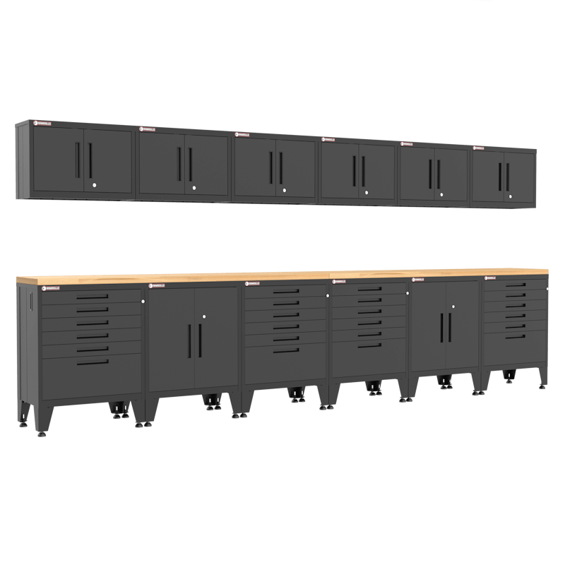 Armadillo Tough 14-Piece Heavy-Duty Steel Preconfigured Garage Storage Set with Workbench & Tall Gear Lockers Black from the front showing off the massive workbench and garage cabinets
