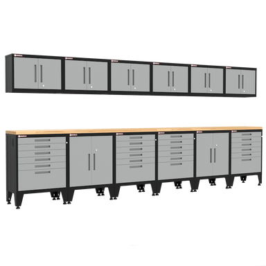 Armadillo Tough 14-Piece Heavy-Duty Steel Preconfigured Garage Storage Set with Workbench & Tall Gear Lockers Grey from the front showing off all the locking drawers and cabinets