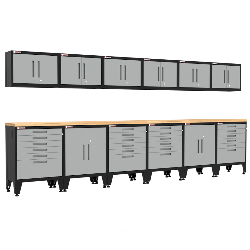 Armadillo Tough 14-Piece Heavy-Duty Steel Preconfigured Garage Storage Set with Workbench & Tall Gear Lockers Grey from the front showing off all the locking drawers and cabinets