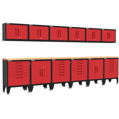 Armadillo Tough 14-Piece Heavy-Duty Steel Preconfigured Garage Storage Set with Workbench & Tall Gear Lockers in Red showing off the massive workbench tabletop space