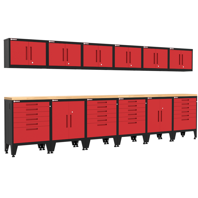 Armadillo Tough 14-Piece Heavy-Duty Steel Preconfigured Garage Storage Set with Workbench & Tall Gear Lockers in Red showing off the massive workbench tabletop space