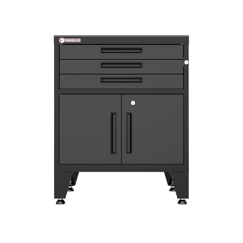 Armadillo Tough 28-inch 3-Drawer 2-Door Steel Garage Storage Cabinet black from the front with the smooth closing drawers closed from the front staged
