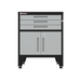 Armadillo Tough 28-inch 3-Drawer 2-Door Steel Garage Storage Cabinet gray from the front with the smooth gliding drawers and shelf doors from the front all closed showing the durability of this elite garage cabinet