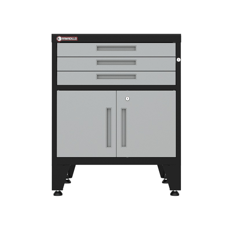 Armadillo Tough 28-inch 3-Drawer 2-Door Steel Garage Storage Cabinet gray from the front with the smooth gliding drawers and shelf doors from the front all closed showing the durability of this elite garage cabinet