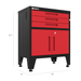 Armadillo Tough 28-inch 3-Drawer 2-Door Steel Garage Storage Cabinet red from the corner front showing the dimensions of this tough garage cabinet
