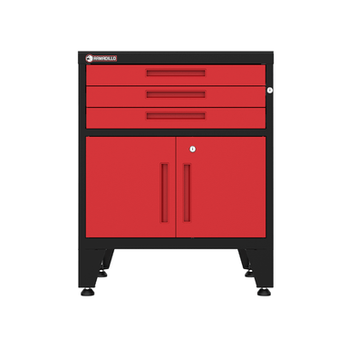 Armadillo Tough 28-inch 3-Drawer 2-Door Steel Garage Storage Cabinet Red from the front with the 3 cabinet drawer sliders and 2 locking shelf doors for the best stand alone garage cabinet all closed from the front staged on the durable feet for this garage cabinet