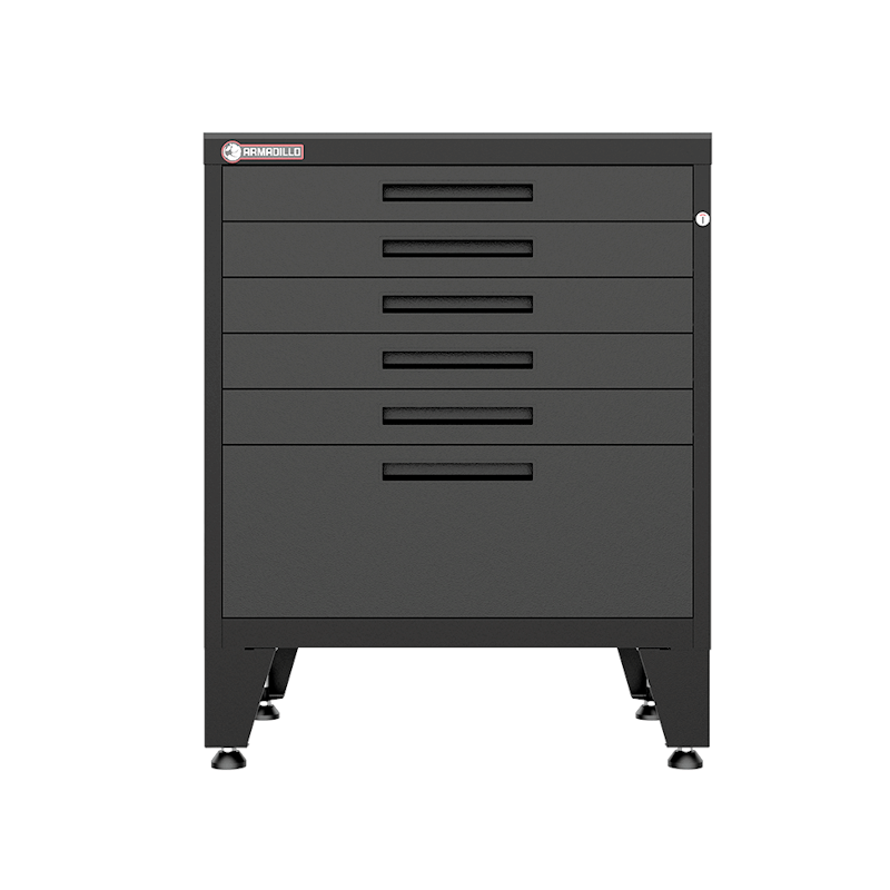 Armadillo Tough 28-inch 6-Drawer Steel Garage Tool Cabinet black from the front with the drawers closed staged