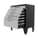 Armadillo Tough 28-inch 6-Drawer Steel Garage Tool Cabinet Gray with the drawers open from a corner view staged