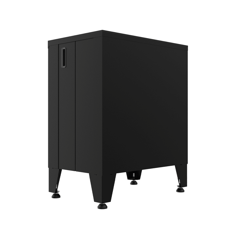 Armadillo Tough 28-inch 6-Drawer Steel Garage Tool Cabinet from the rear corner view revealing a hole used to run electricity to the best stand alone garage cabinet 