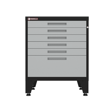 Armadillo Tough 28-inch 6-Drawer Steel Garage Tool Cabinet gray from the front with the drawers closed staged revealing it's strong durability