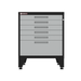 Armadillo Tough 28-inch 6-Drawer Steel Garage Tool Cabinet gray from the front with the drawers closed staged revealing it's strong durability