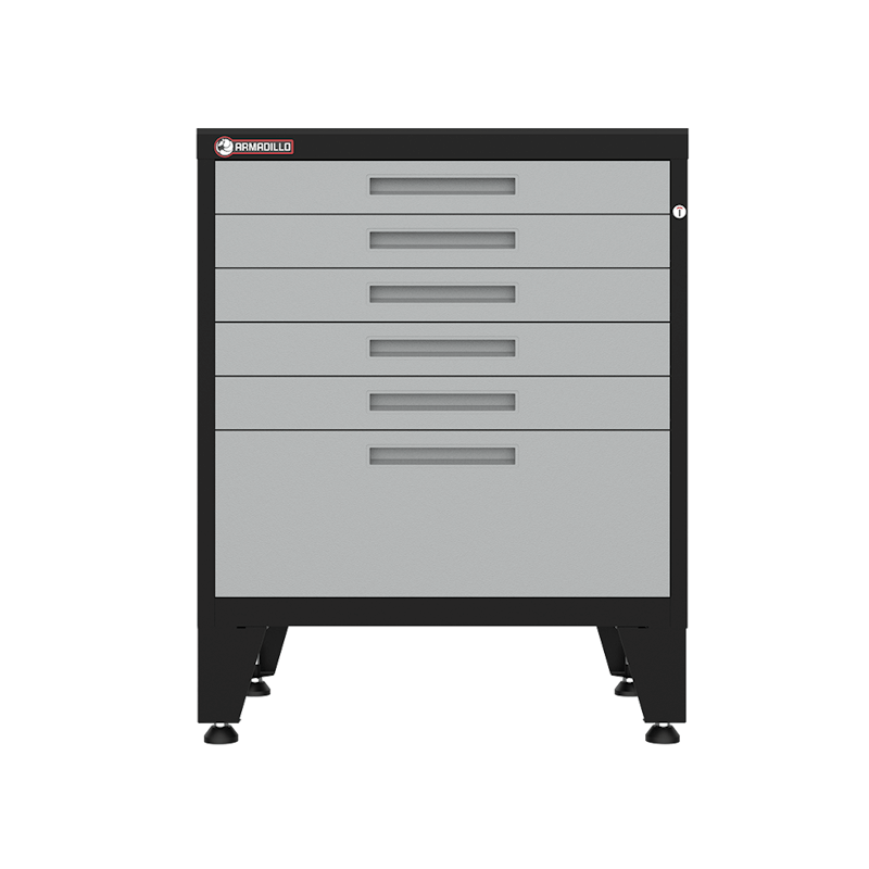 Armadillo Tough 28-inch 6-Drawer Steel Garage Tool Cabinet gray from the front with the drawers closed staged revealing it's strong durability