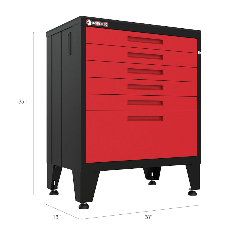 Armadillo Tough 28-inch 6-Drawer Steel Garage Tool Cabinet red with the strong garage cabinet's dimensions