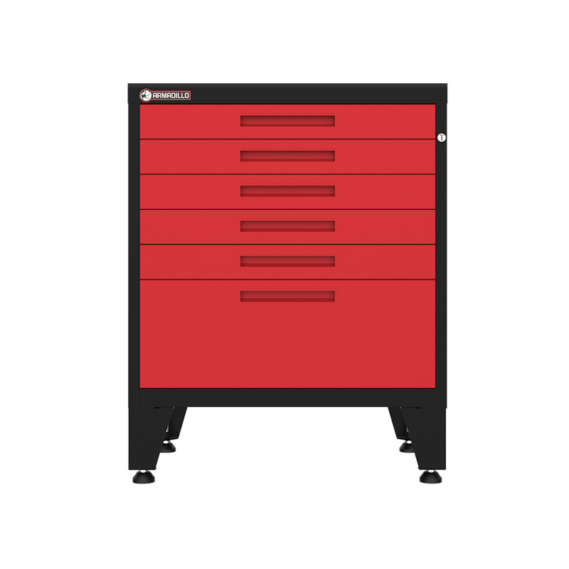 Armadillo Tough 28-inch 6-Drawer Steel Garage Tool Cabinet red from the front with the drawers closed showing the best anti-slip garage cabinet feet