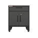 Armadillo Tough 28-inch Multifunction Steel Garage Storage Cabinet black from the front showing the garage cabinet top drawer and the locking doors that hold a shelf and more storage space