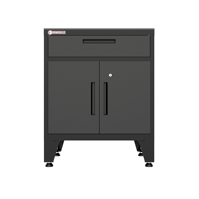Armadillo Tough 28-inch Multifunction Steel Garage Storage Cabinet black from the front showing the garage cabinet top drawer and the locking doors that hold a shelf and more storage space