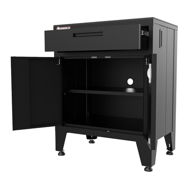 Armadillo Tough 28-inch Multifunction Steel Garage Storage Cabinet black with the top cabinet drawer and bottom doors open revealing large room and a shelf for storage