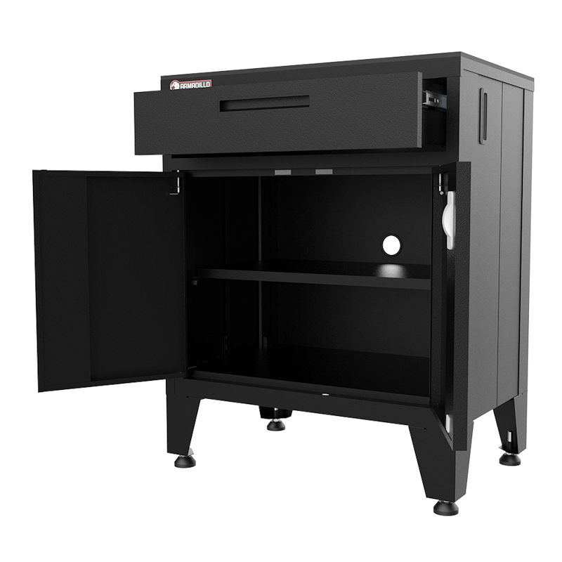 Armadillo Tough 28-inch Multifunction Steel Garage Storage Cabinet black with the top cabinet drawer and bottom doors open revealing large room and a shelf for storage