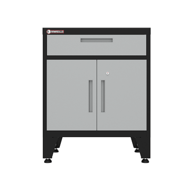 Armadillo Tough 28-inch Multifunction Steel Garage Storage Cabinet gray from the front showing the smooth glide top drawer and the locking doors 