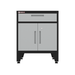 Armadillo Tough 28-inch Multifunction Steel Garage Storage Cabinet gray from the front showing the smooth glide top drawer and the locking doors 