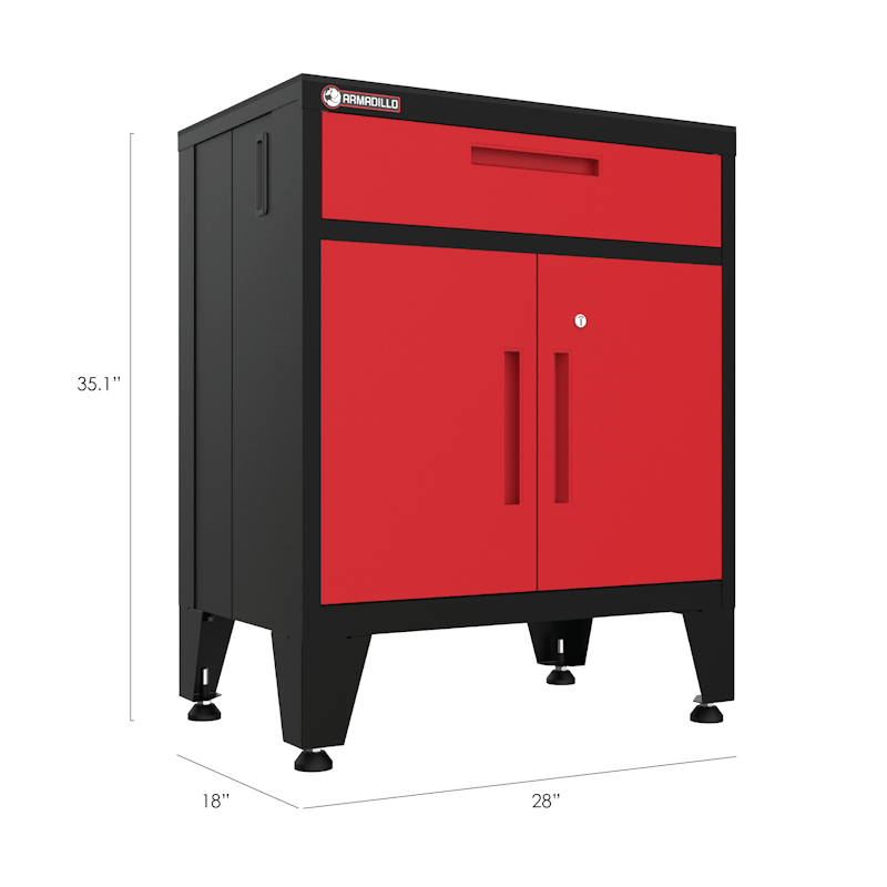 Armadillo Tough 28-inch Multifunction Steel Garage Storage Cabinet red from the corner front showing the dimensions of this high quality garage cabinet