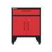 Armadillo Tough 28-inch Multifunction Steel Garage Storage Cabinet red from the front showing the locking doors and top drawer along with the durable feet for this garage cabinet