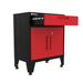 Armadillo Tough 28-inch Multifunction Steel Garage Storage Cabinet red from the front corner showing the smooth gliding top drawer open