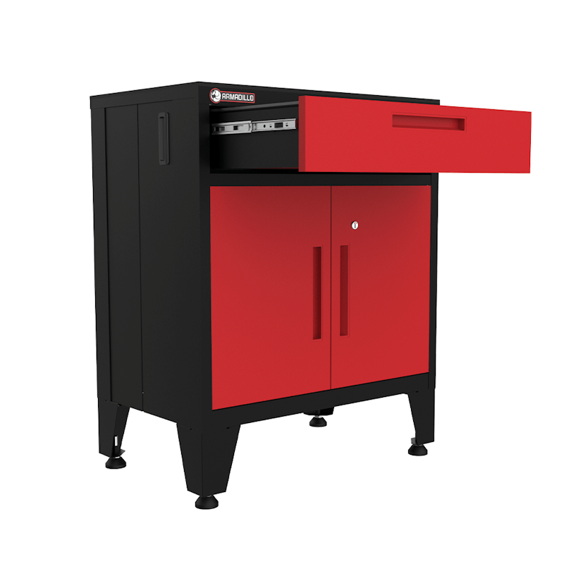 Armadillo Tough 28-inch Multifunction Steel Garage Storage Cabinet red from the front corner showing the smooth gliding top drawer open