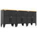 Armadillo Tough 4-Piece Heavy-Duty Garage Cabinet Set with Steel Gear Locker & Workbench Black showing off the entire workbench and locking drawers