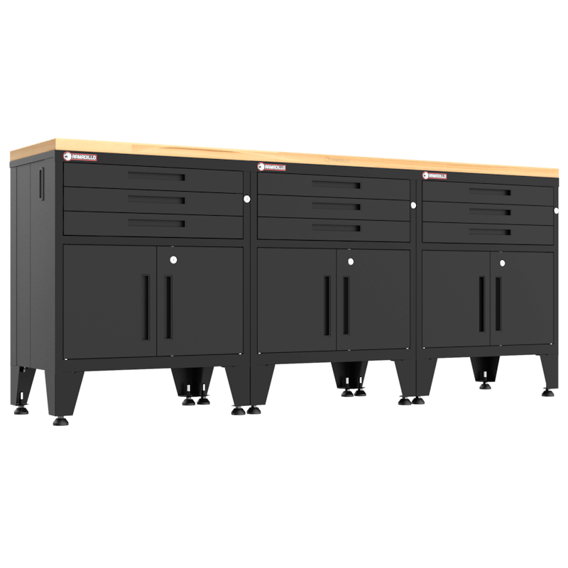 Armadillo Tough 4-Piece Heavy-Duty Garage Cabinet Set with Steel Gear Locker & Workbench Black showing off the entire workbench and locking drawers