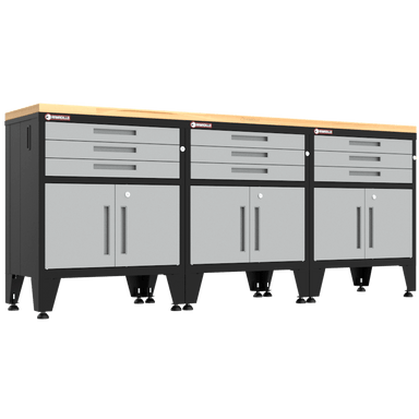 Armadillo Tough 4-Piece Heavy-Duty Garage Cabinet Set with Steel Gear Locker & Workbench Grey from the front showing the locking cabinets and drawers for this garage workbench