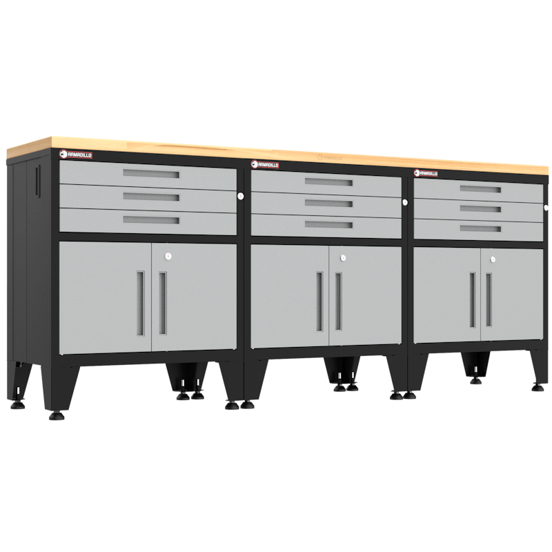 Armadillo Tough 4-Piece Heavy-Duty Garage Cabinet Set with Steel Gear Locker & Workbench Grey from the front showing the locking cabinets and drawers for this garage workbench
