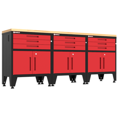 Armadillo Tough 4-Piece Heavy-Duty Garage Cabinet Set with Steel Gear Locker & Workbench Red from the front showing the wooden tabletop on this elite garage workbench from Armadillo Tough